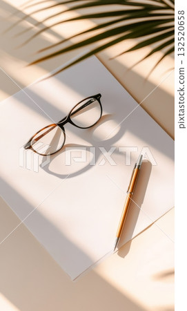 Eyeglasses and a golden pen are lying on a sheet of white paper under the shadow of a palm tree leaf, creating a relaxing and productive workspace atmosphere 132520658