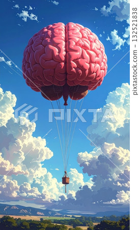 Colorful paragliders and hot air balloons fly high across the summer sky, an adventurous flight over a beautiful landscape 132521838