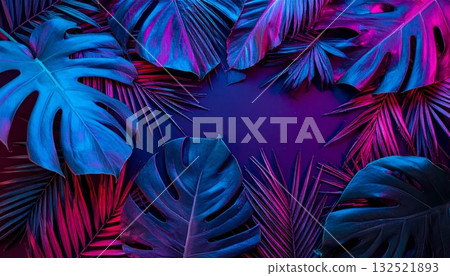 A colorful pattern of purple feathers and green leaves creates a vibrant nature backdrop texture illustration 132521893