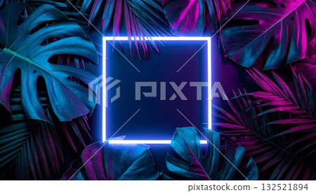 A colorful pattern of purple feathers and green leaves creates a vibrant nature backdrop texture illustration 132521894