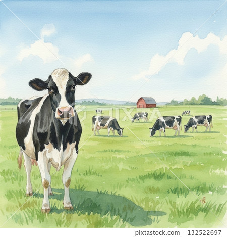 北海道藍天下,牛群在綠茵的牧場上悠閒地吃草 北海道藍天下,牛群在綠茵的牧場上悠閒地吃草 132522697