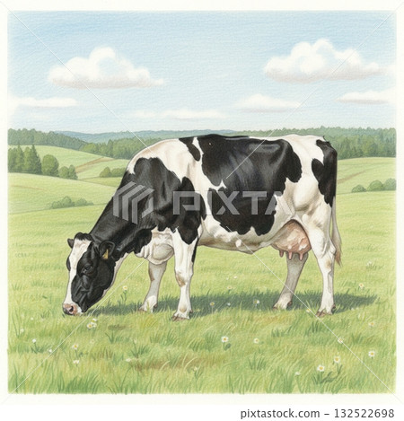 Cows with green pastures in the background, Hokkaido 132522698