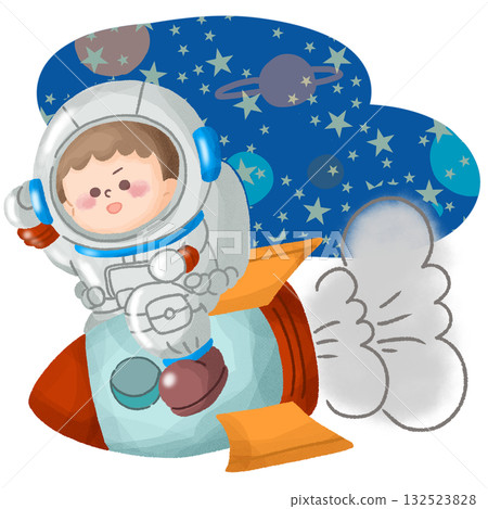 圖:一個裝扮成太空人的孩子乘坐火箭 圖:一個裝扮成太空人的孩子乘坐火箭 132523828