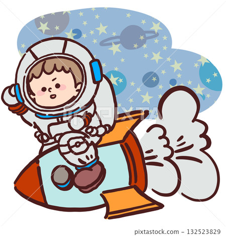圖:一個裝扮成太空人的孩子乘坐火箭 圖:一個裝扮成太空人的孩子乘坐火箭 132523829