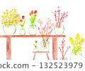 Watercolor spring flowers and vase interior 132523979