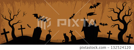 Simple and stylish Halloween banner illustration (graveyard and black cat silhouette design) Simple and stylish Halloween banner illustration (graveyard and black cat silhouette design) 132524120