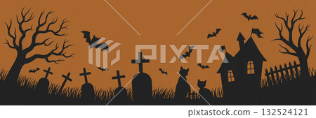 Simple and stylish Halloween banner illustration (graveyard and black cat silhouette design) Simple and stylish Halloween banner illustration (graveyard and black cat silhouette design) 132524121