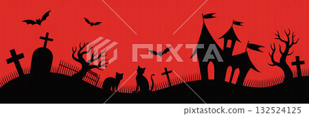 Simple and stylish Halloween banner illustration (graveyard and black cat silhouette design) Simple and stylish Halloween banner illustration (graveyard and black cat silhouette design) 132524125