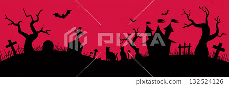 Simple and stylish Halloween banner illustration (graveyard and black cat silhouette design) Simple and stylish Halloween banner illustration (graveyard and black cat silhouette design) 132524126