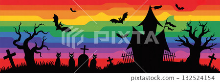 Simple and stylish Halloween banner illustration (graveyard and black cat silhouette design) Simple and stylish Halloween banner illustration (graveyard and black cat silhouette design) 132524154