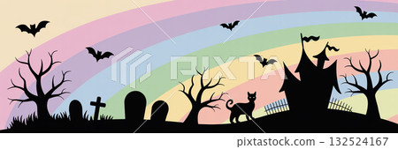 Simple and stylish Halloween banner illustration (graveyard and black cat silhouette design) 132524167