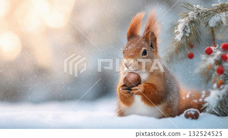 Squirrel in snow holds a nut as snow falls, created AI Squirrel in snow holds a nut as snow falls, created AI 132524525