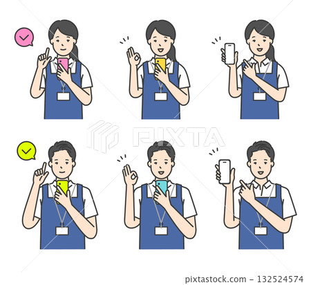 A simple image of a male and female caregiver posing with a smile while holding a smartphone. Illustration material A simple image of a male and female caregiver posing with a smile while holding a smartphone. Illustration material 132524574