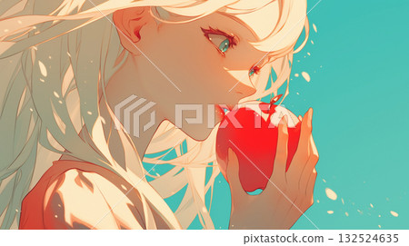 女孩吃紅蘋果的AI影像 132524635