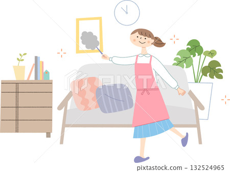 一個女人打掃客廳 132524965