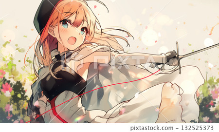 A beautiful fencing girl dancing gracefully. A beautiful anime-style illustration of a girl with dancing light and petals. 132525373