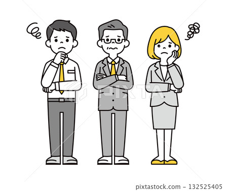 A set of full-body vector illustrations of businessmen of various ages with troubled expressions and folded arms 132525405