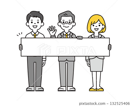 A set of full-body vector illustrations of office workers of various ages holding a horizontal panel and giving directions A set of full-body vector illustrations of office workers of various ages holding a horizontal panel and giving directions 132525406