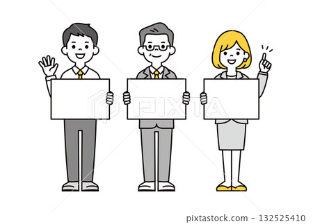 一套完整的向量插圖,描繪了一位經理和幾位年輕的男女員工,他們手持一塊板子進行講解。 一套完整的向量插圖,描繪了一位經理和幾位年輕的男女員工,他們手持一塊板子進行講解。 132525410