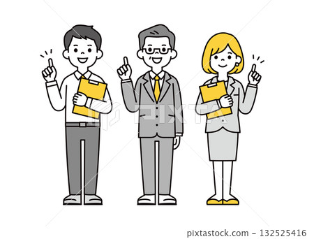 一組全身向量插圖，描繪了一位年輕員工和一位年長的經理手持文件，正在提出建議的場景。 132525416