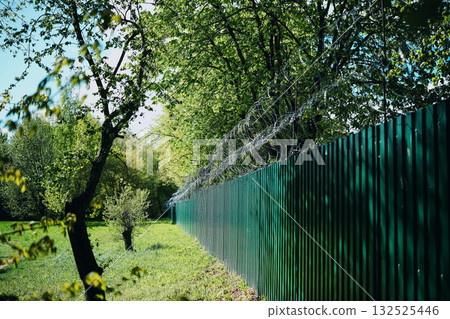 Green Fence With Barbed Wire Green Fence With Barbed Wire 132525446