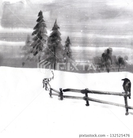 Snow scene drawn by ink - Crow Snow scene drawn by ink - Crow 132525476