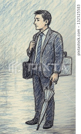 Illustration of an office worker standing with his umbrella closed after the rain 132525583