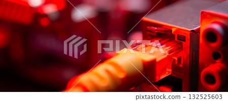 Fiber Optic cables connected to an optic ports and Network cables connected to ethernet ports. 132525603