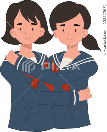 friendship and togetherness concept. japanese schoolgirls kawaii asian students in sailor uniform friendship hug. 132525673