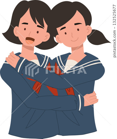 japanese high school girls hugging each other friendship concept. cute students in blue uniforms expressing warmth and connection 132525677
