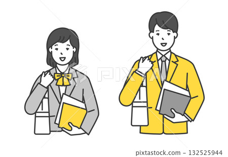 描繪身穿校服的男女學生上學途中的插畫素材 132525944