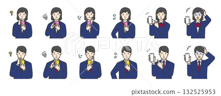 Set of upper body illustrations of female and male students in uniforms holding smartphones Set of upper body illustrations of female and male students in uniforms holding smartphones 132525953