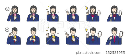 Set of upper body illustrations of female and male students in uniforms holding smartphones 132525955