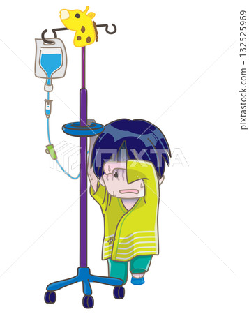 A child holding onto an IV stand and holding his forehead with his arm 132525969