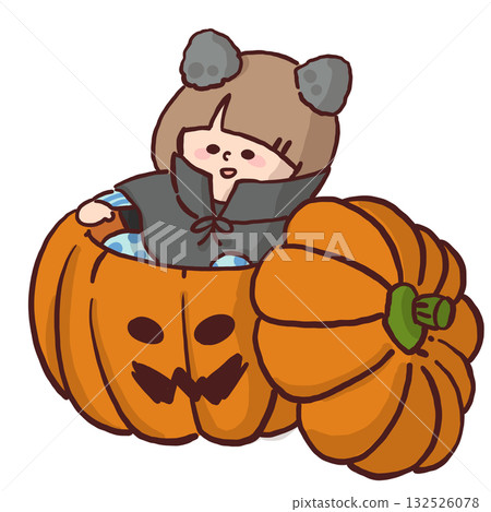 Illustration of a child dressed up in cat ears relaxing in a large pumpkin container Illustration of a child dressed up in cat ears relaxing in a large pumpkin container 132526078