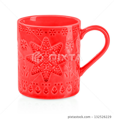 Red ceramic mug with embossed snowflake pattern isolated on white background, festive Christmas cup for hot drinks 132526229