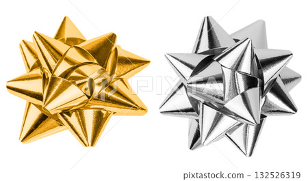 Golden and silver shiny gift bows isolated on white background luxury festive decoration elements for elegant Christmas, New Year, or celebration gift wrapping concepts 132526319