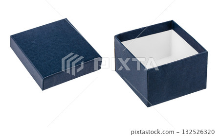 Open and closed dark blue cardboard gift boxes isolated on white background minimalist packaging concept for jewelry, accessories luxury products, branding, presentation advertising design 132526320