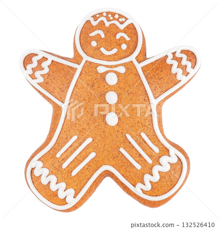 Gingerbread man cookie with white icing decoration isolated on white background, festive Christmas dessert Gingerbread man cookie with white icing decoration isolated on white background, festive Christmas dessert 132526410