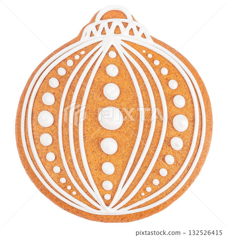 Christmas ornament shaped gingerbread cookie decorated with white icing isolated on white background. Christmas ornament shaped gingerbread cookie decorated with white icing isolated on white background. 132526415