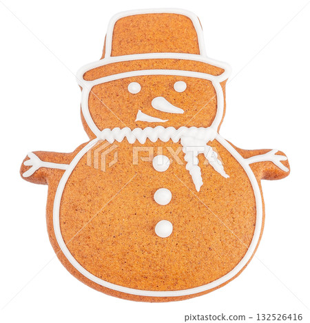 Gingerbread snowman cookie decorated with white icing isolated on white background 132526416