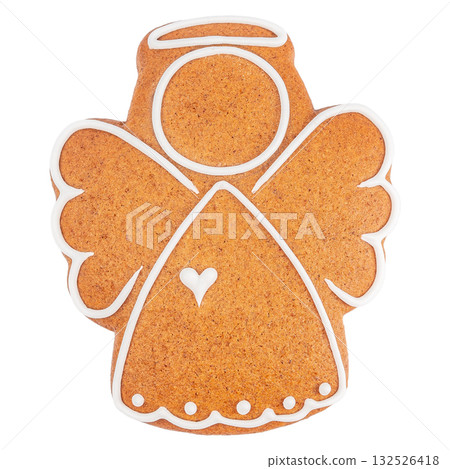 Gingerbread angel cookie decorated with white icing isolated on white background Gingerbread angel cookie decorated with white icing isolated on white background 132526418