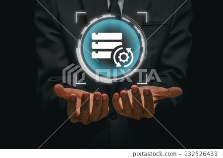 Visual representation of data processing with digital interface, showcasing technology and innovation in a business setting. 132526431