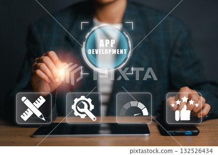 Digital interface showcasing app development with technology icons on a tablet screen, highlighting innovation and modern design. 132526434