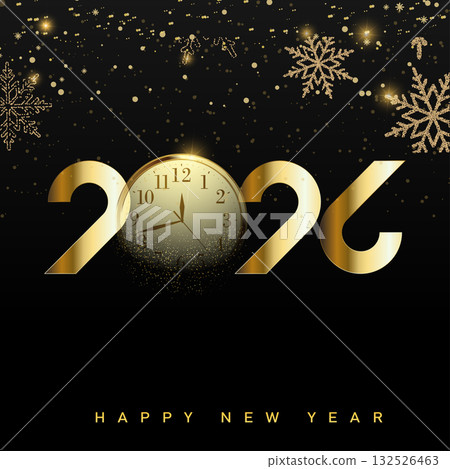Luxury Happy New Year 2026 background with countdown clock and glitter snowflakes. Vector 132526463