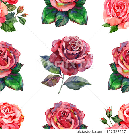Seamless watercolor pattern with roses on the white background, aquarelle.  illustration. Hand-drawn background. Original floral background. Useful for invitations, scrapbooking, design. 132527327