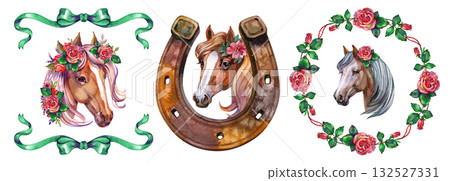 Christmas horses set in vintage style rose wreaths hand drawn watercolor illustration isolated on white. 2026 new year for design cards, decorations 132527331