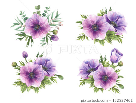 Anemone Purple flowers bouquet set. Watercolor Windflowers Pink buds with eucalyptus green leaves. Isolated in realistic style clipart for wedding, greeting card floral design. Hand drawn illustration Anemone Purple flowers bouquet set. Watercolor Windflowers Pink buds with eucalyptus green leaves. Isolated in realistic style clipart for wedding, greeting card floral design. Hand drawn illustration 132527461