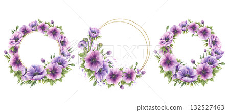 Anemones purple flowers with pink, green buds and leaves wreath set. Hand drawn watercolor botanical circle frame template with gold for wedding greeting card Isolated on white background illustration Anemones purple flowers with pink, green buds and leaves wreath set. Hand drawn watercolor botanical circle frame template with gold for wedding greeting card Isolated on white background illustration 132527463