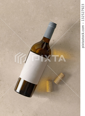 bottle of wine on beige pastel background 132527923